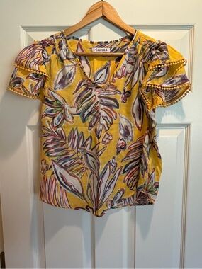 Nanette Lepore Yellow Tropical Print Flutter Sleeve Blouse